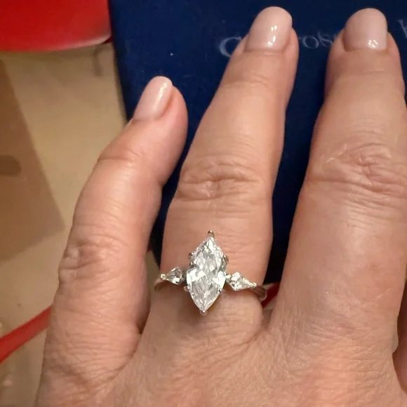 Silver 925 Marquise Center Stone Three-Stone Ring - Picture 1 of 8